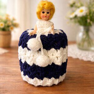 Vintage Crochet Doll Toilet Paper Cover Navy White Yarn Bathroom Decor